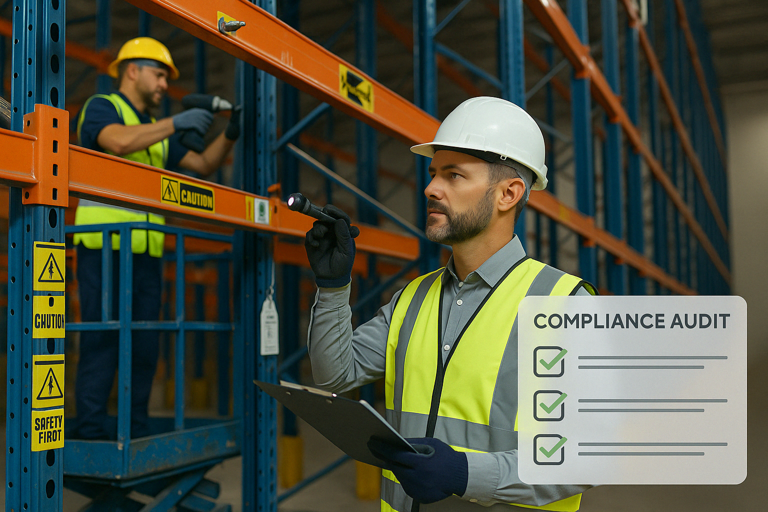 A man in a white safety helmet and yellow safety vest conducted a compliance audit in a warehouse, holding a clipboard and a flashlight. In the background, another worker wearing a yellow helmet and safety vest is working among blue and orange racking shelves with caution signs.