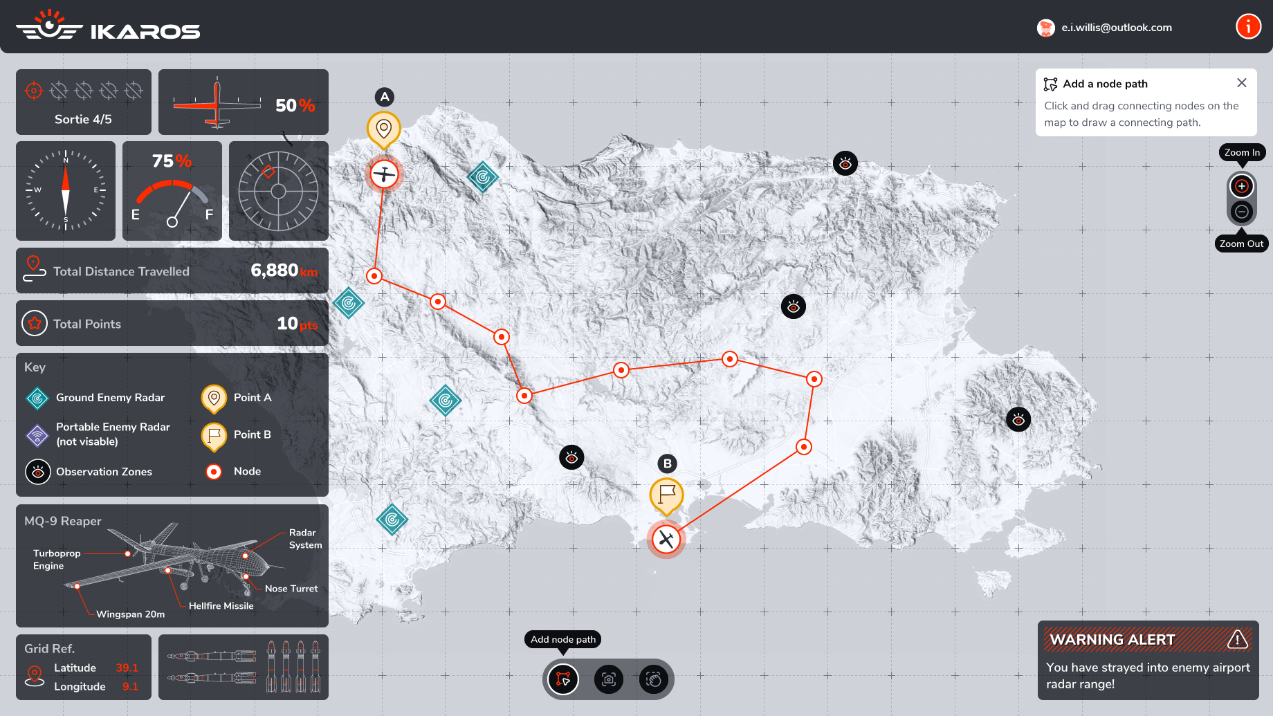  Project IKAROS - UAV Mission Planning  
Primary interaction screen for planning routes, managing constraints, and making mission-critical decisions.