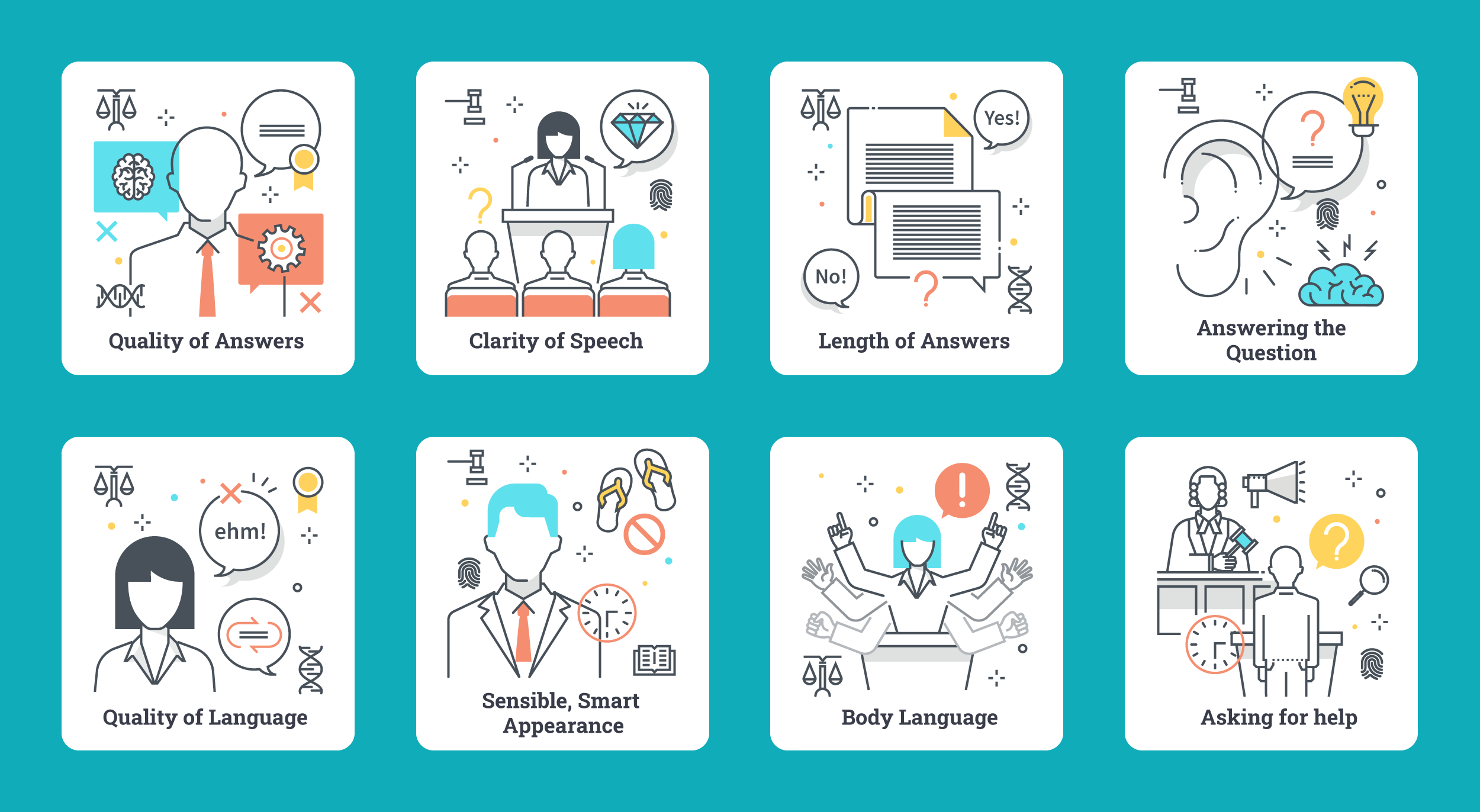 A collection of icons designed for a scorecard quiz activity in the Courtroom Skills course.