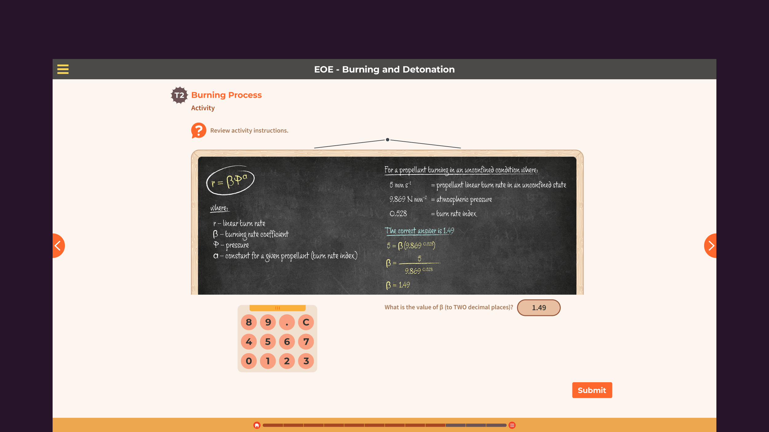 Illustration of a chalkboard showing equations for propellant burning under unconfined conditions, with a numeric keypad and an answer box for entering a calculated value.