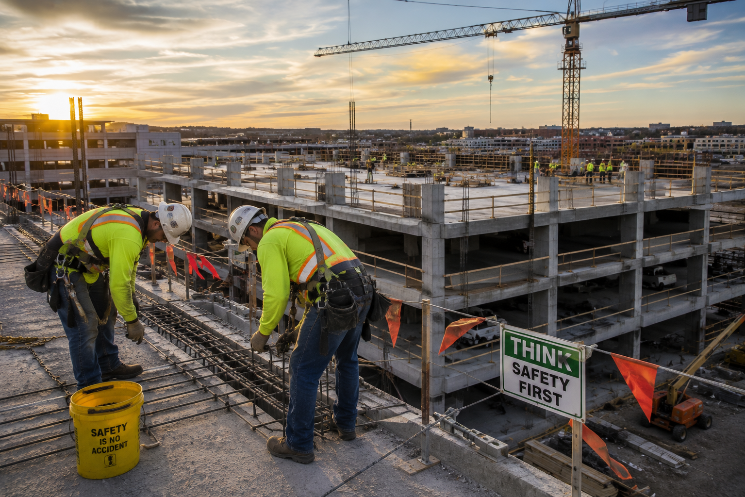Construction workers on a building site during sunset, working on reinforced steel bars for a concrete structure, with safety signs and equipment visible.