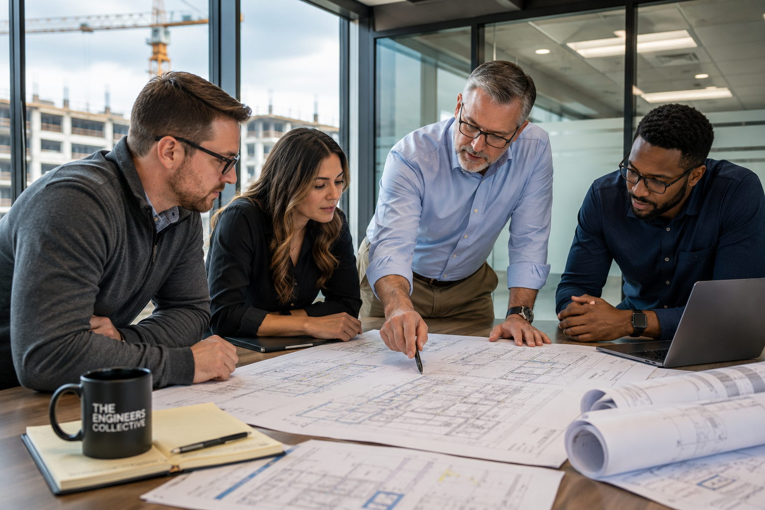 Four professionals, including an older man with glasses, are gathered around a table examining large blueprints in a modern office with large windows showing buildings and a crane outside.