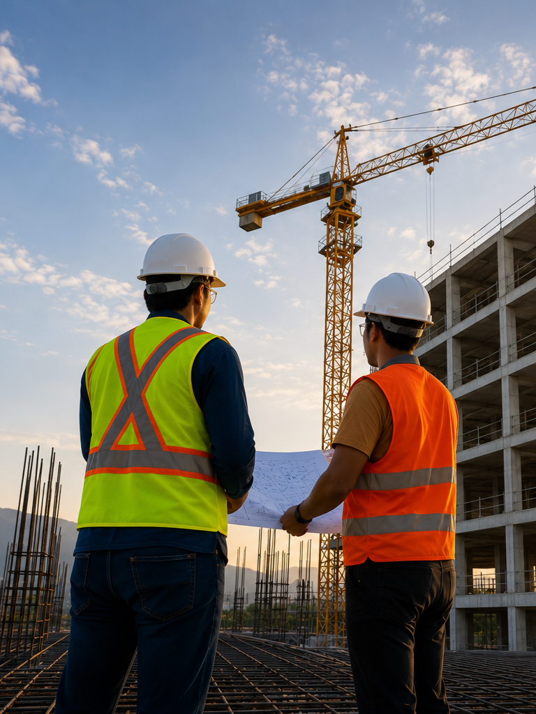 Two construction workers, wearing safety vests and white hard hats, stand on a construction site reviewing blueprints with a partially built multi-story building and a crane in the background during sunset.
