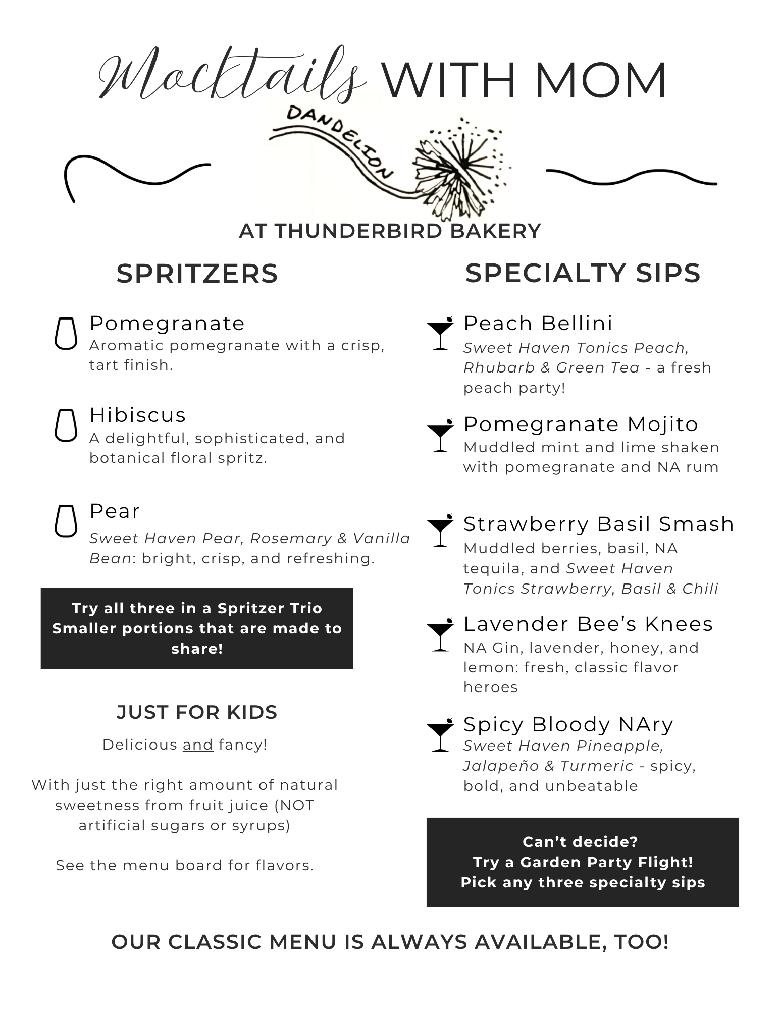 This linked image highlights The Dandelion's menu for Mocktails with Mom. There are spritzers, specialty sips, and a kids menu.
