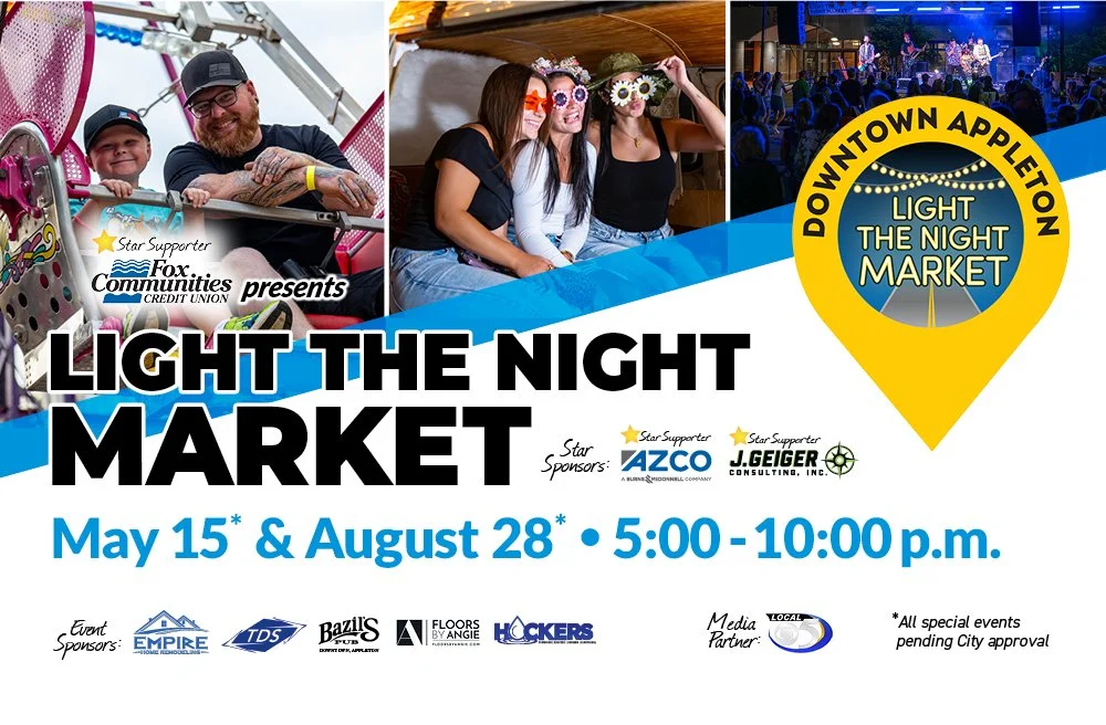 Promotional image for Light the Night Market May 15 and August 28 5:00-10:00PM in Downtown Appleton