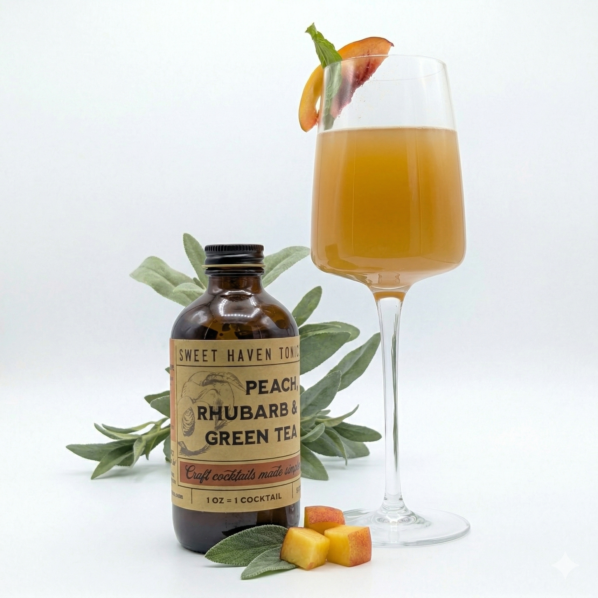 Peach Bellini in a tall wine glass with a white background and a bottle of Sweet Haven Tonics Peach Rhubarb & Green Tea.
