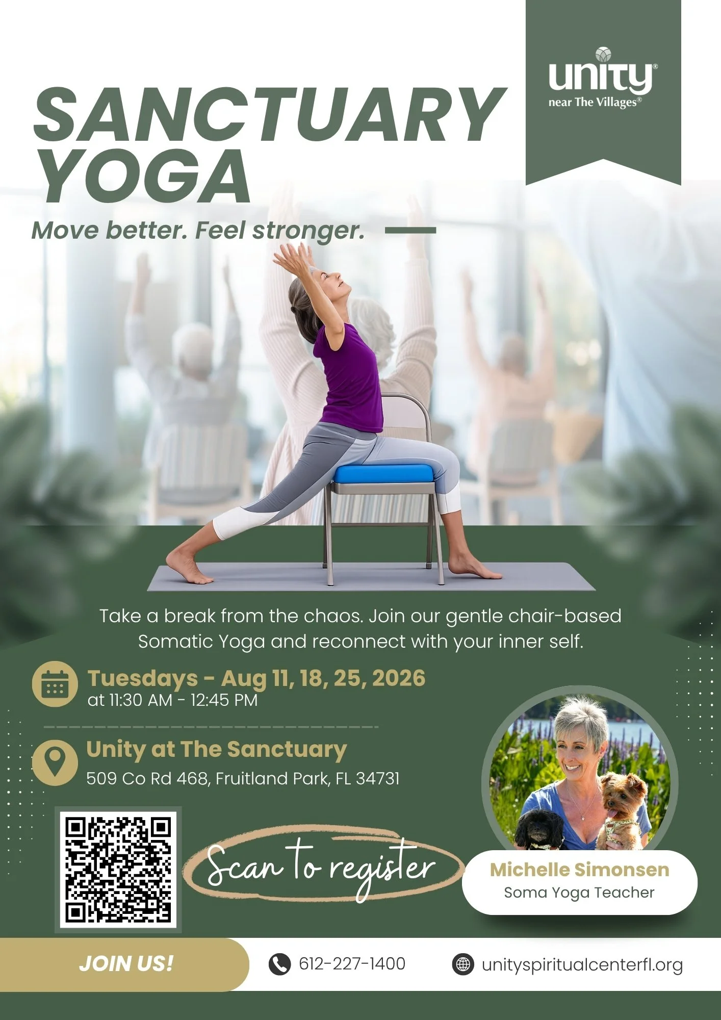 Flyer for Sanctuary Yoga classes at Unity near The Villages, featuring a woman in a yoga pose on a chair, with additional info about class schedule, location, and contact details.