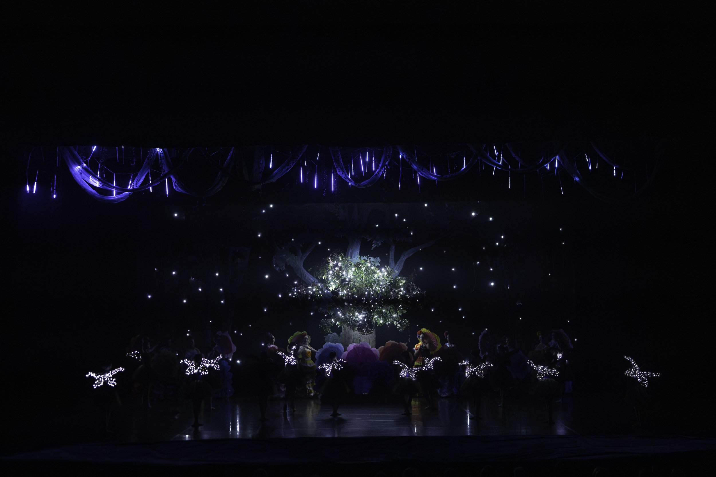Stage scene with illuminated tree, dancers with glowing wings, and blue hanging decorations, creating a magical nighttime fantasy setting.