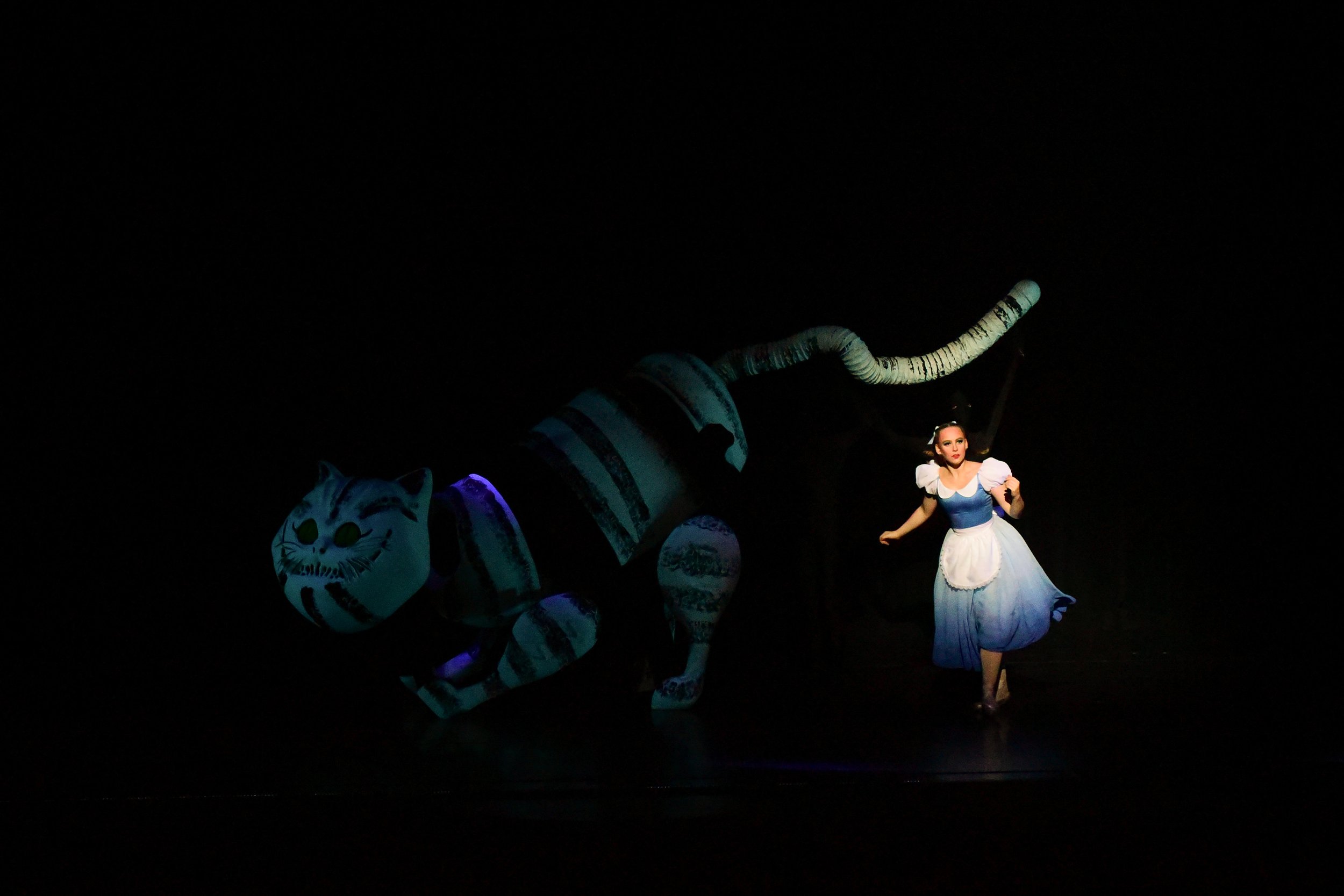 A theatrical performance featuring a woman dressed as Alice from Alice in Wonderland and a large puppet of the Cheshire Cat, illuminated against a dark background.