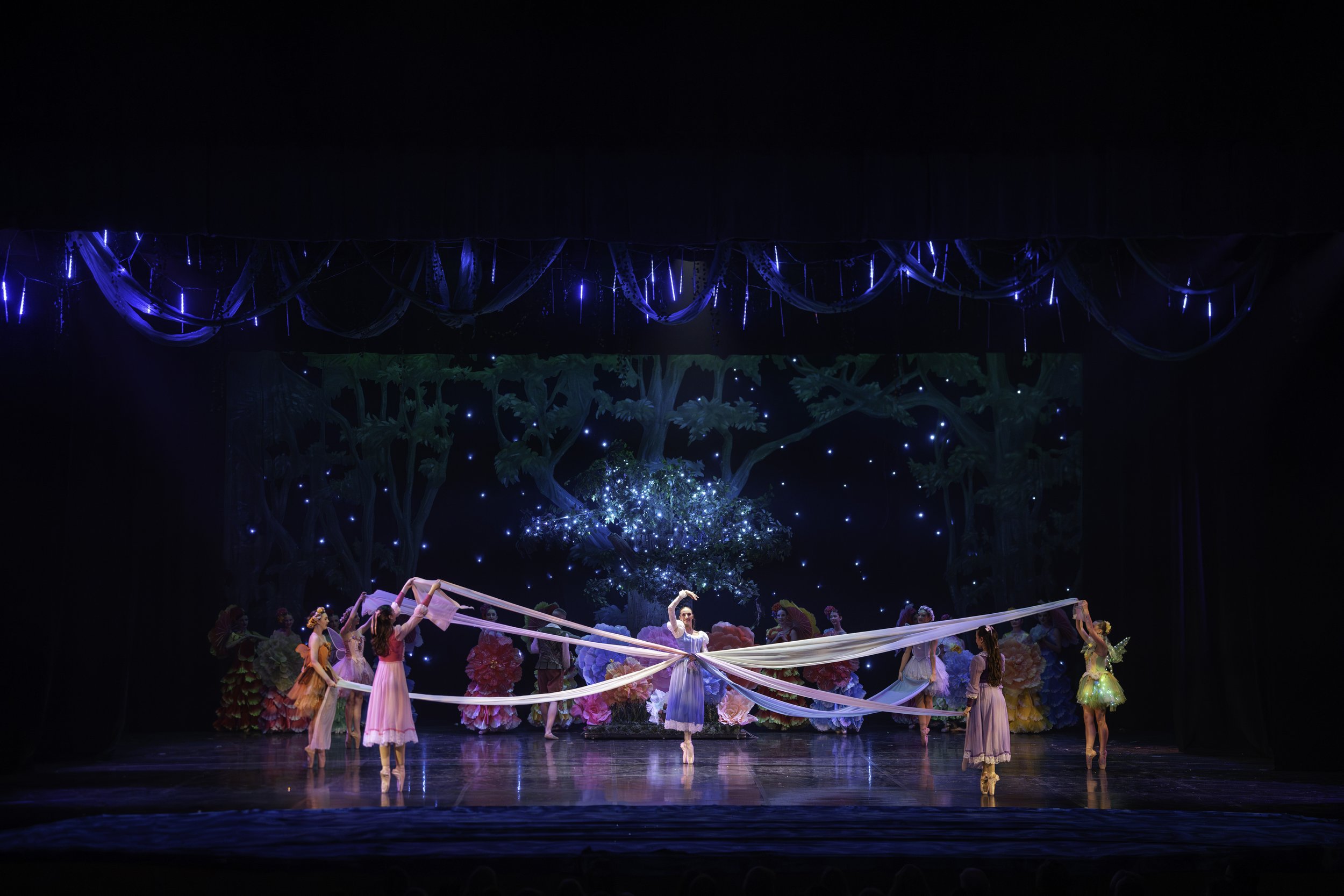 Ballet dancers performing on a stage decorated with flowers, trees, and blue starry lights, with dancers holding long flowing ribbons.