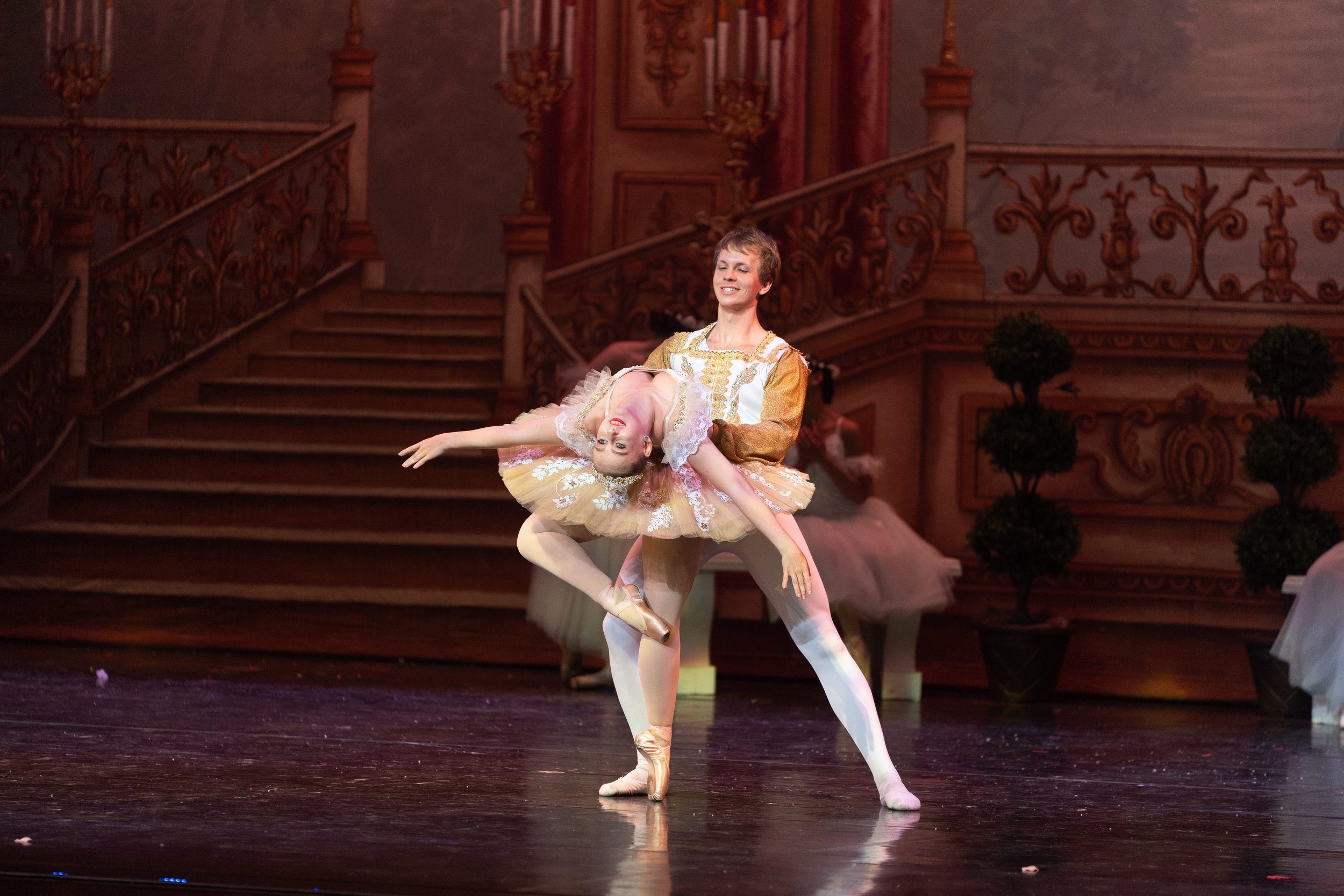 Two ballet dancers perform on stage with a classical palace backdrop, one male and one female, dressed in elaborate ballet costumes.