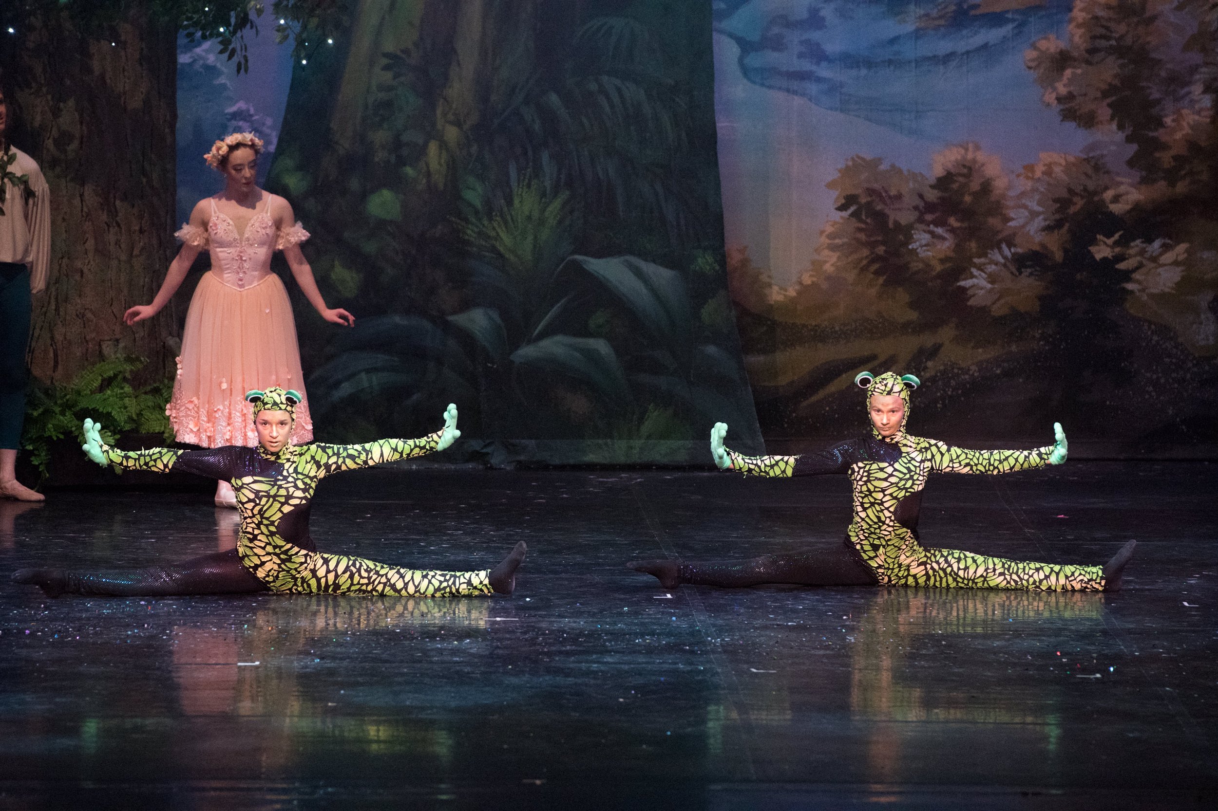 Two performers dressed as frogs in a split pose on stage, with a backdrop of a forest scene and a woman in a pink dress and flower crown watching.