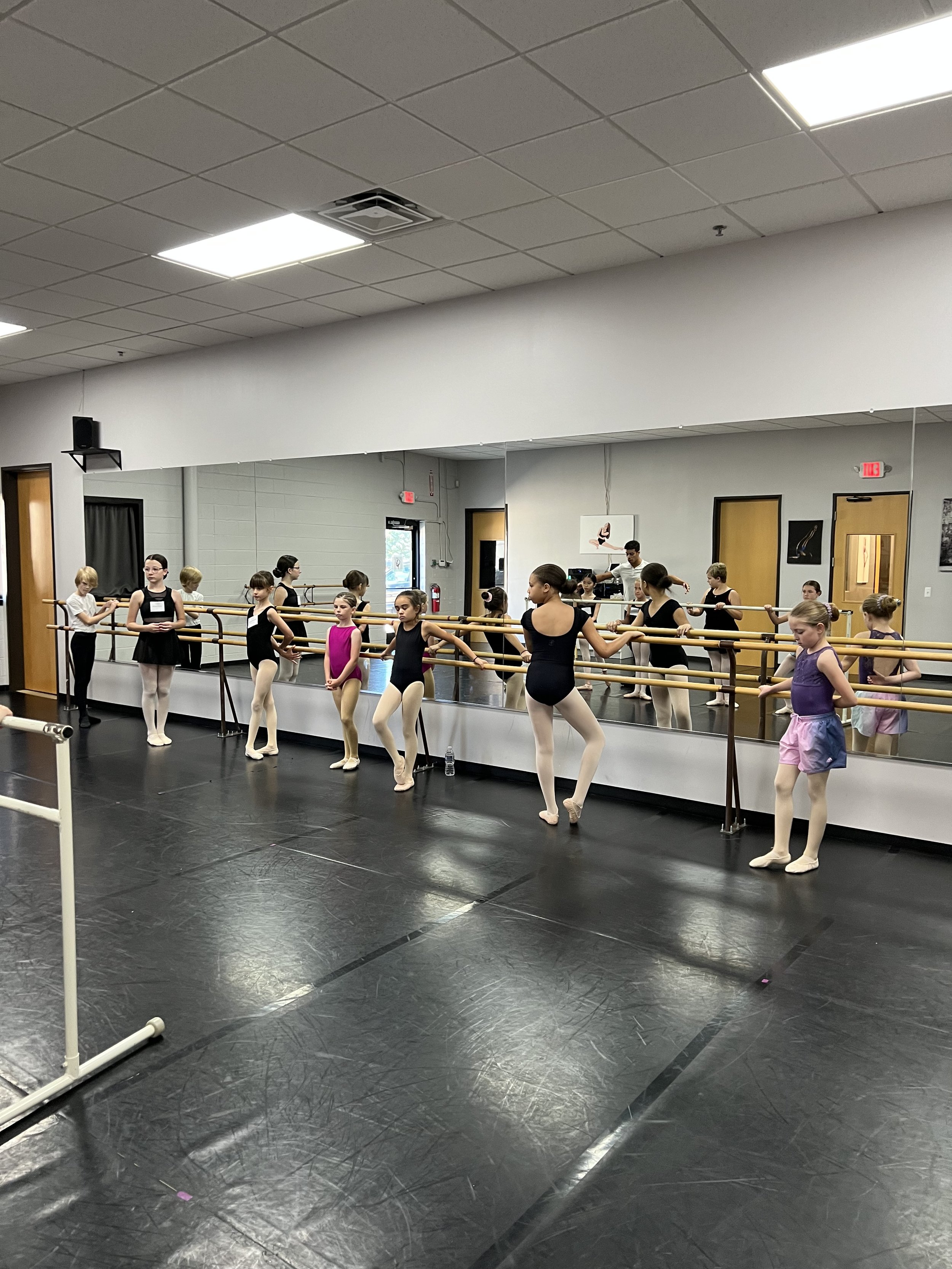 Young ballet students in black and pink leotards and tights practicing at a dance studio with mirrors and ballet barre.