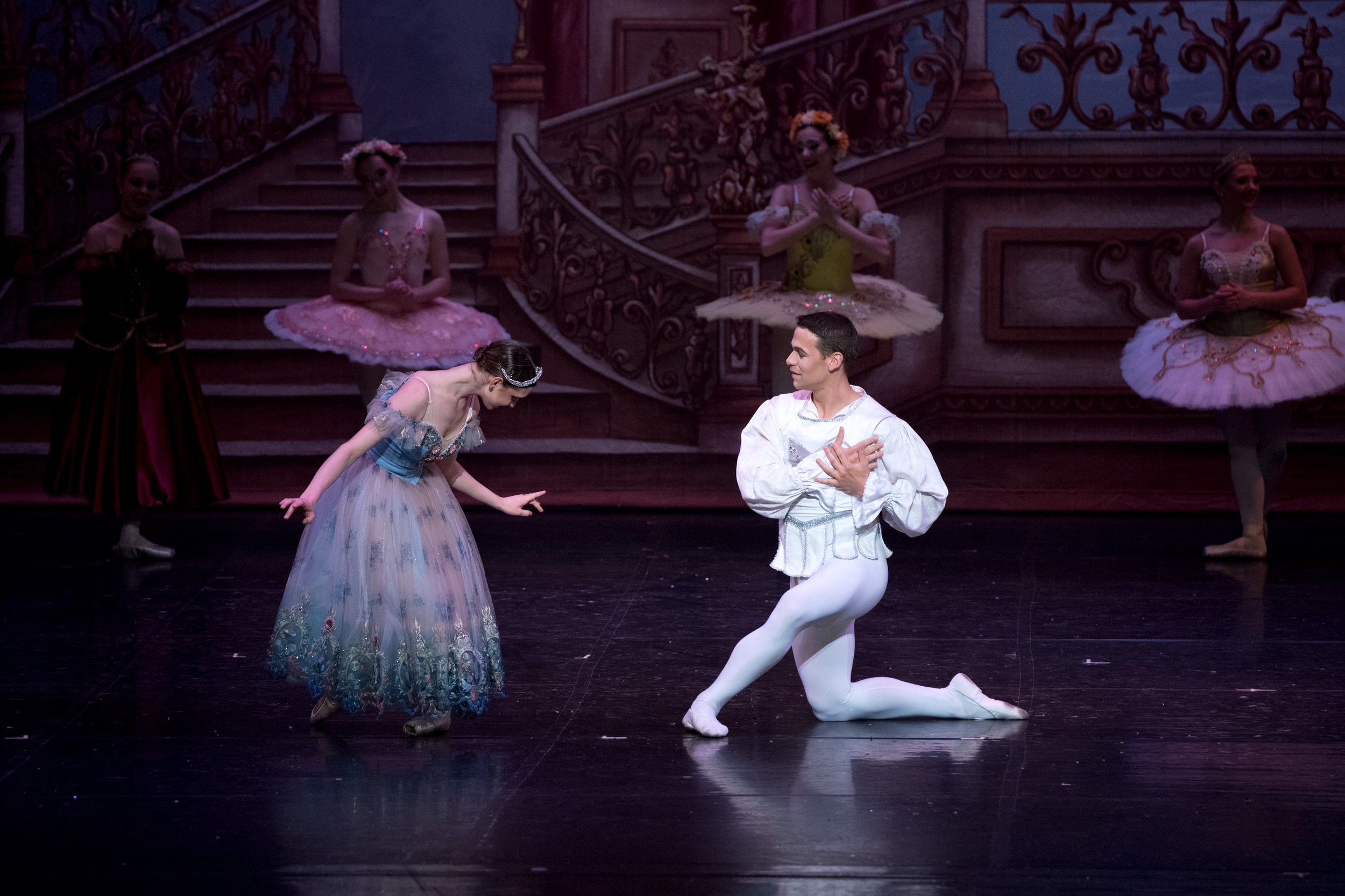 Ballet performance with a male dancer kneeling and a female dancer bowing on stage, with ballerinas in tutus in the background.