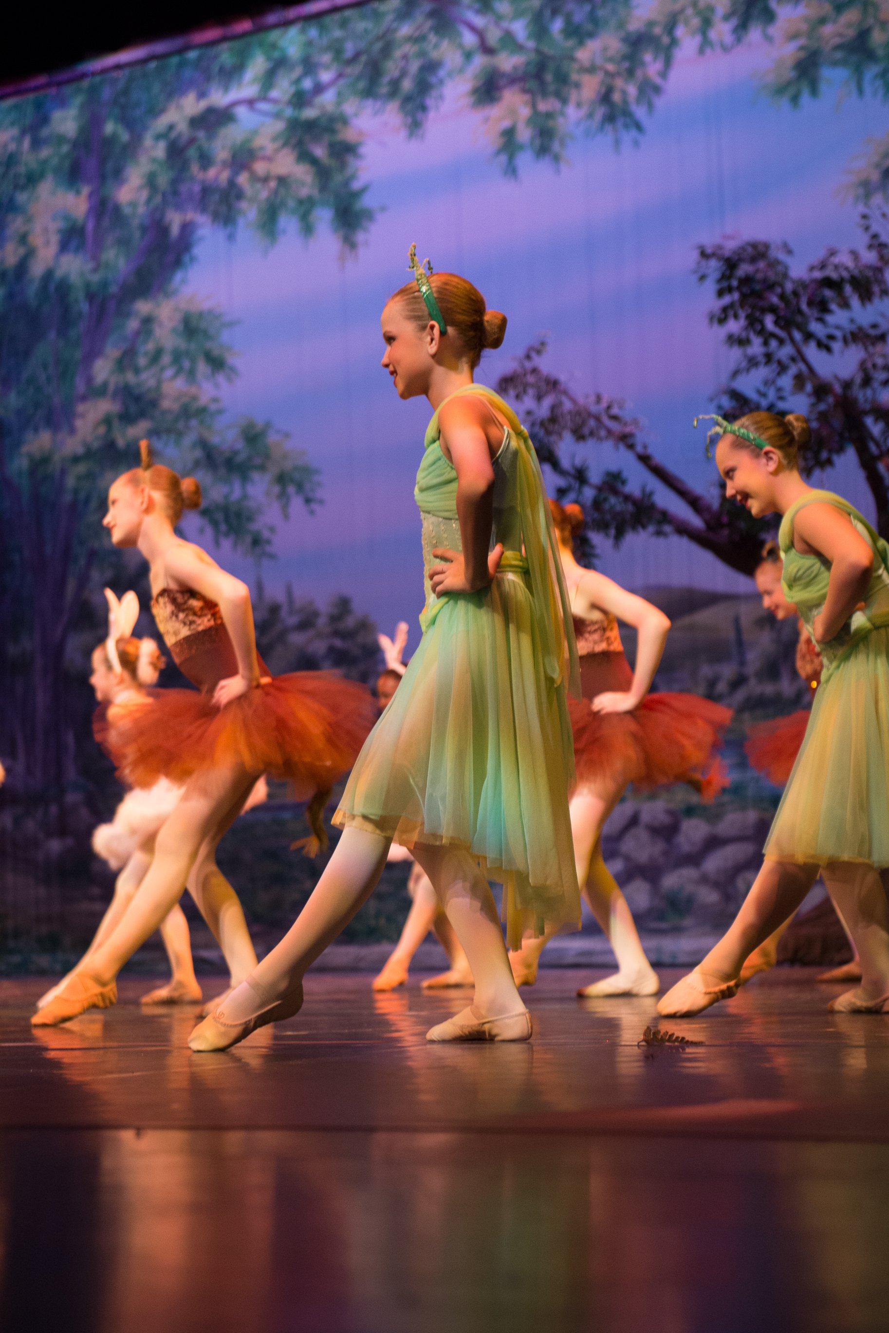 Young ballet dancers dressed as fairies on stage, wearing green and brown costumes with nature-themed headbands, performing a dance routine with a scenic backdrop of trees and a sky.