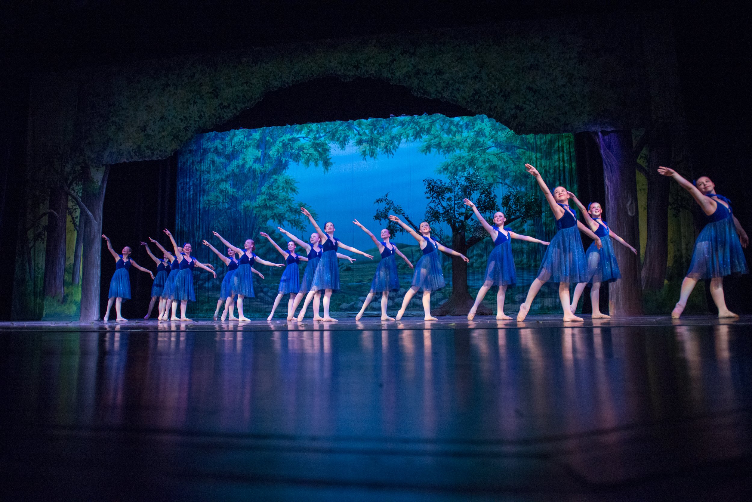 Group of dancers in blue costumes performing on a stage with a forest backdrop.