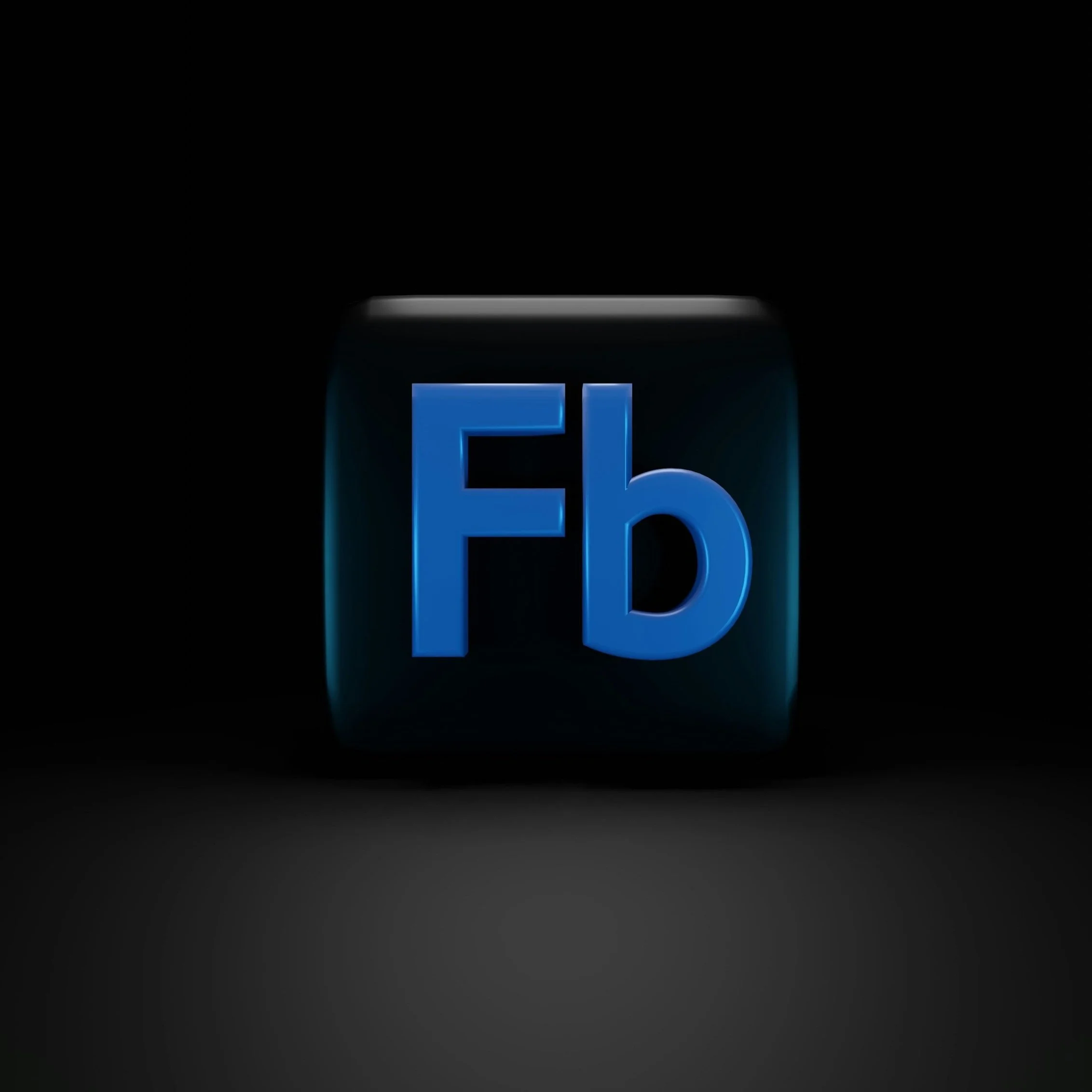 Black cube with blue "Fb" letters on a dark background.