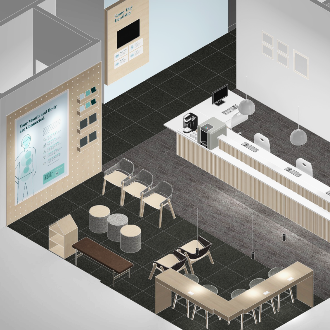 A modern lobby or waiting area featuring a reception desk with computers and chairs, a seating area with stools and chairs, a large health information poster on the wall, and a coffee machine on the counter.