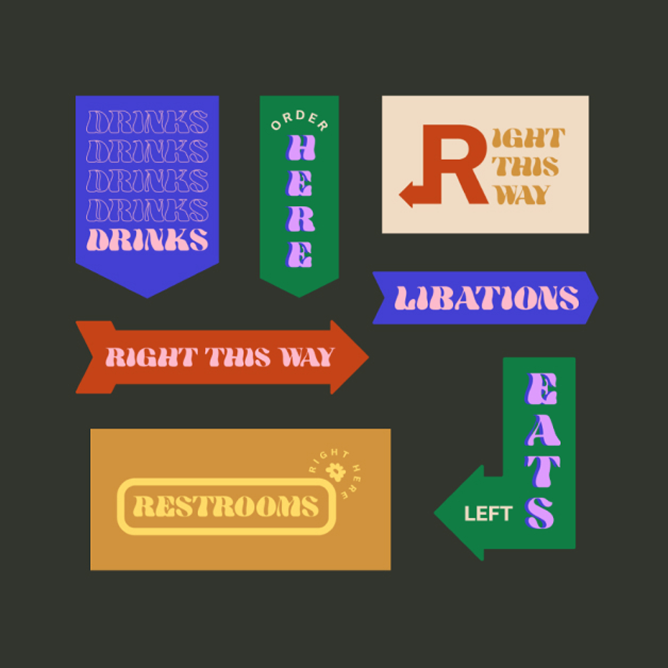 Colorful directional signs indicating routes and facilities, including 'Drinks' sign repeated multiple times in purple, 'Order Here' in green, 'Right This Way' in red, 'Litations' in purple, 'Left' in green, and a yellow sign for 'Restrooms' with an arrow pointing right.