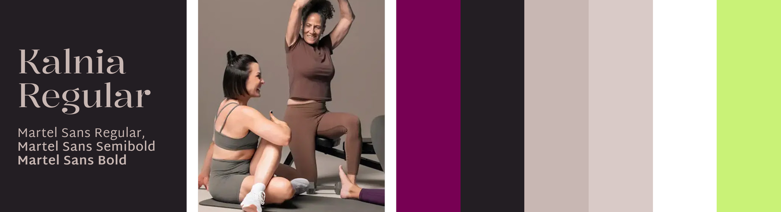 Two women exercising, one is sitting on the floor smiling and the other is in a squat position, smiling with arms raised, wearing workout clothes, in a fitness studio with a neutral background.