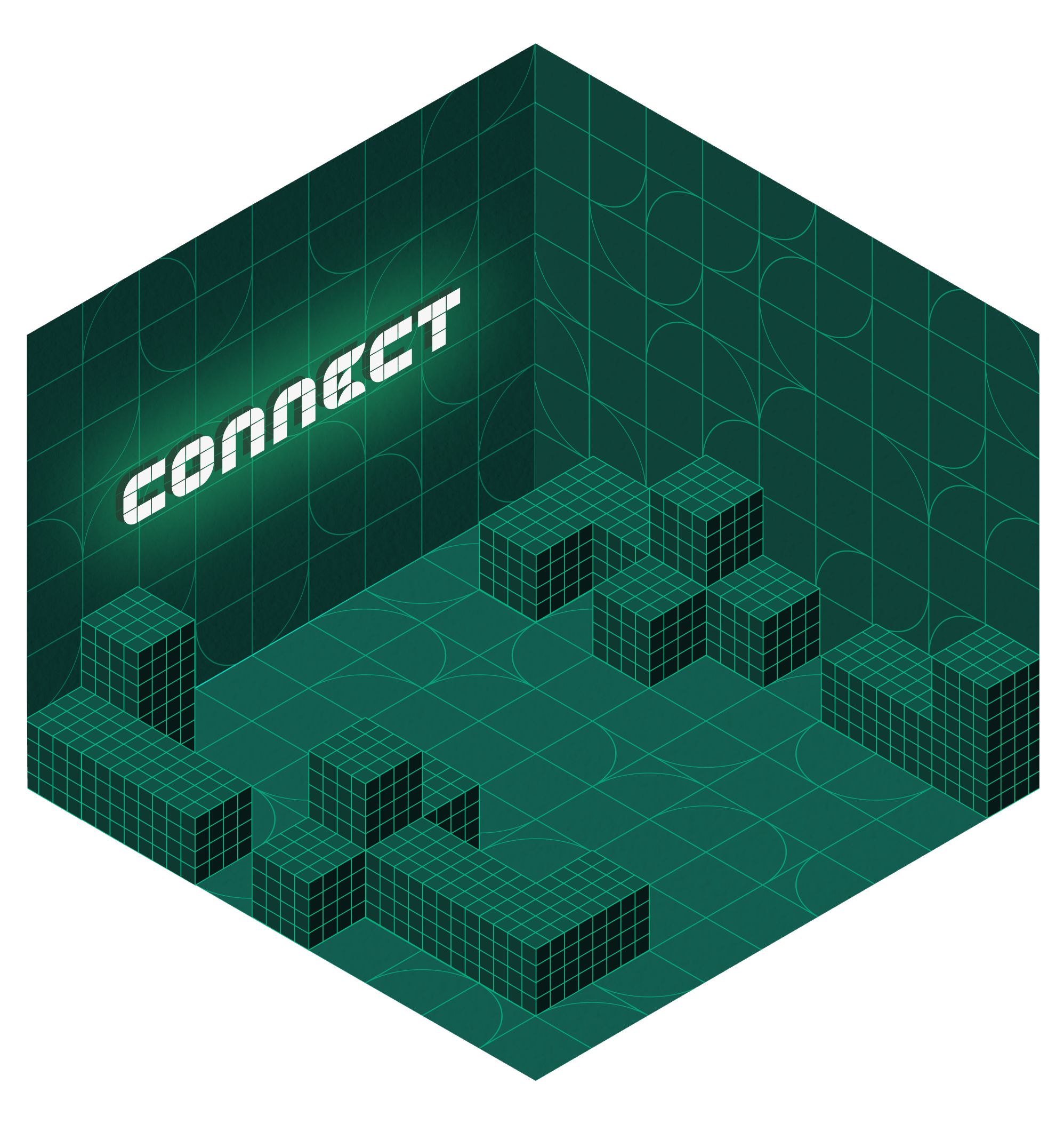 A digital, wireframe 3D grid scene with the word 'CONTACT' on a wall, resembling a futuristic or virtual environment.
