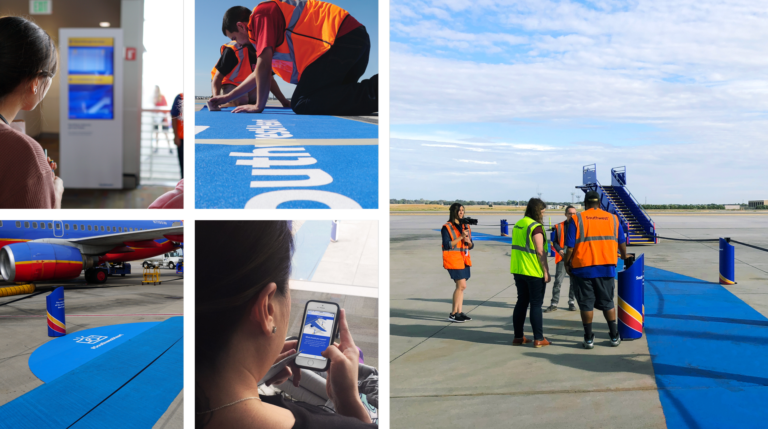 Collage of airport scenes showing passengers boarding a Southwest Airlines plane, staff and crew managing the boarding process, and close-ups of airport details like boarding passes and a mobile phone.