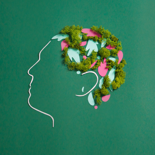 Outline of a human face on a teal background, with a silhouette of a head filled with pink paper cutouts and green moss.