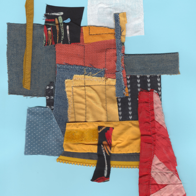 Collage of various fabric scraps with different colors, textures, and patterns arranged on a light blue background.