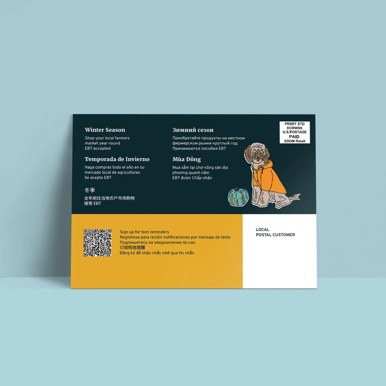 A colorful flyer with information about winter season shopping, featuring a cartoon dog wearing a pumpkin orange hoodie, sitting next to a pumpkin. The flyer includes sections in multiple languages, a QR code for text reminders, and a label indicating postal service details.