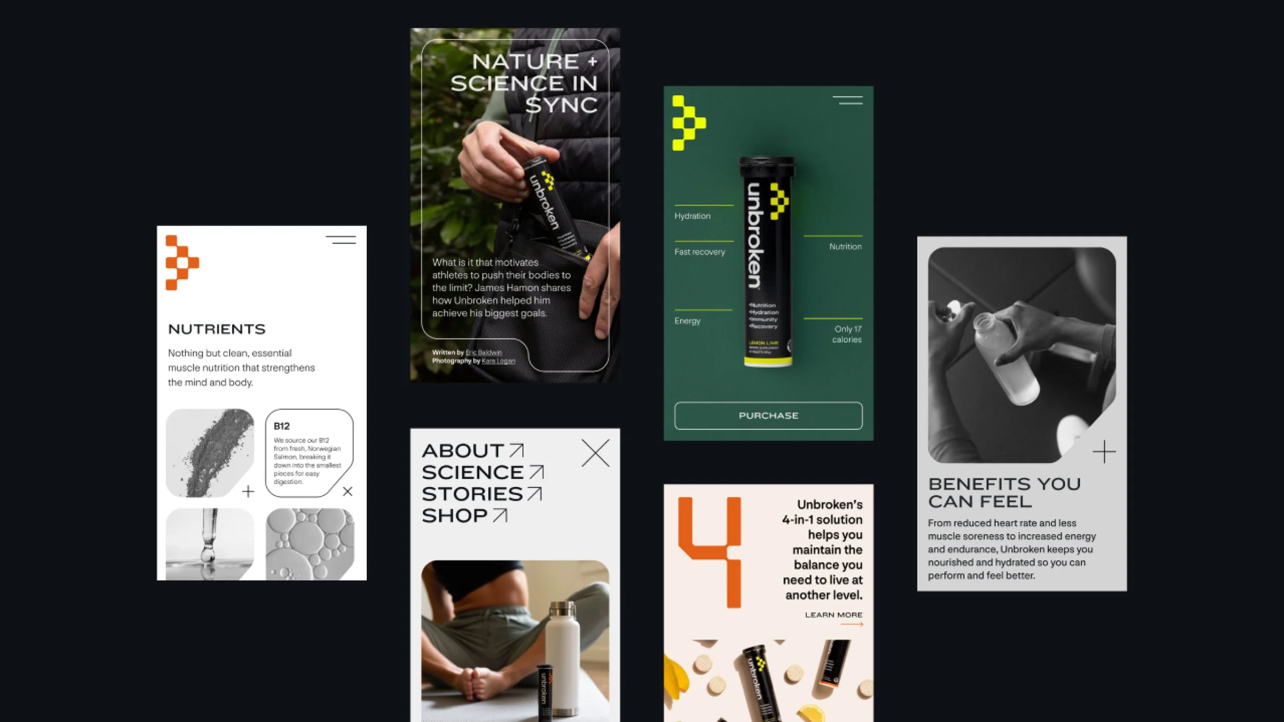 A collage of fitness and nutrition product promotional graphics, including a person holding a fitness supplement, a supplement bottle, infographic about nutrients, a photo of a person stretching, and text highlighting benefits and features.
