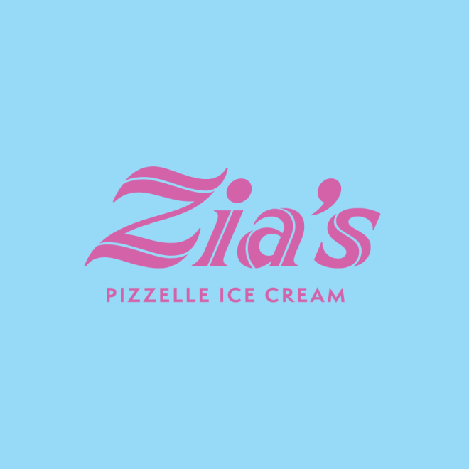 Logo for Zia's Pizzelle Ice Cream with pink text on a light blue background.