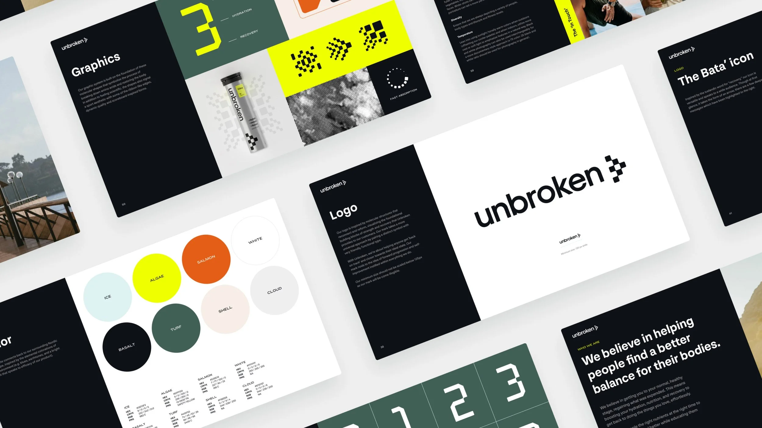 A collage of presentation pages, including a logo design, color palette, product description, and informational content about a health-related brand named unbroken. The pages feature black, white, and bright accent colors like yellow and orange, with images of nature and urban scenes.
