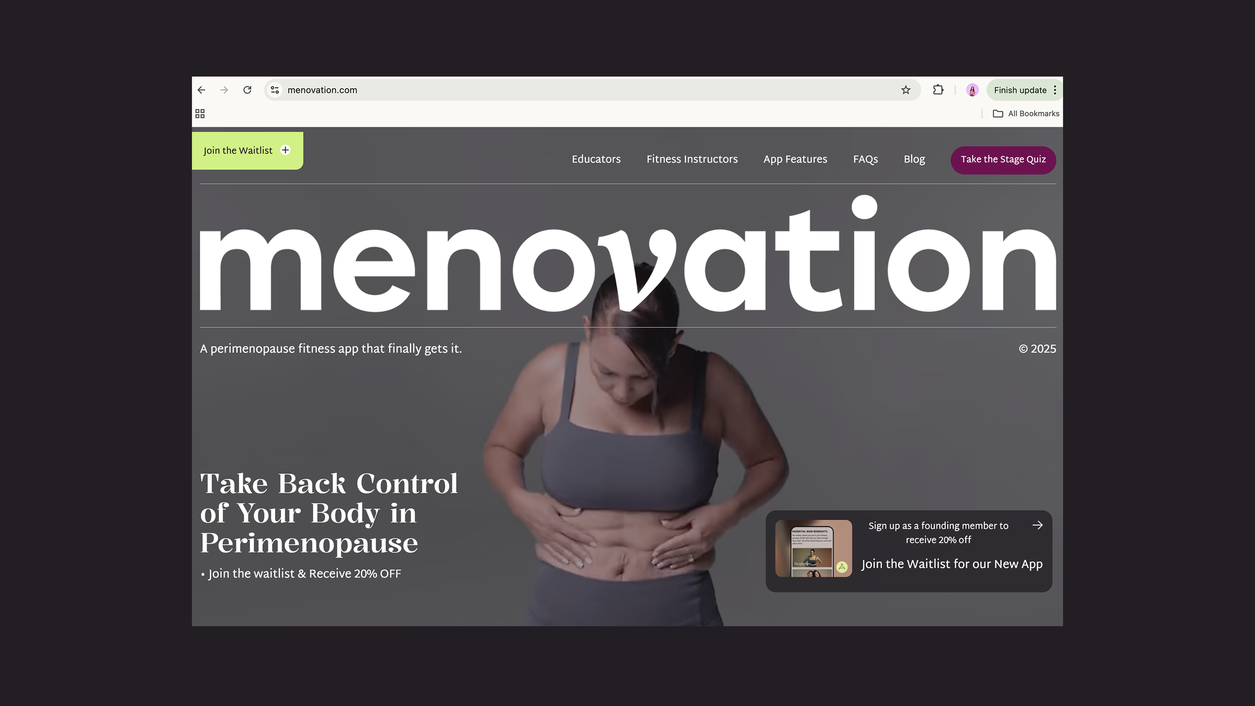 Screenshot of the Menovation website homepage featuring a woman examining her abdominal area, with the main headline "menovation" and submenu options like Educators, Fitness Instructors, App Features, FAQs, and Blog.