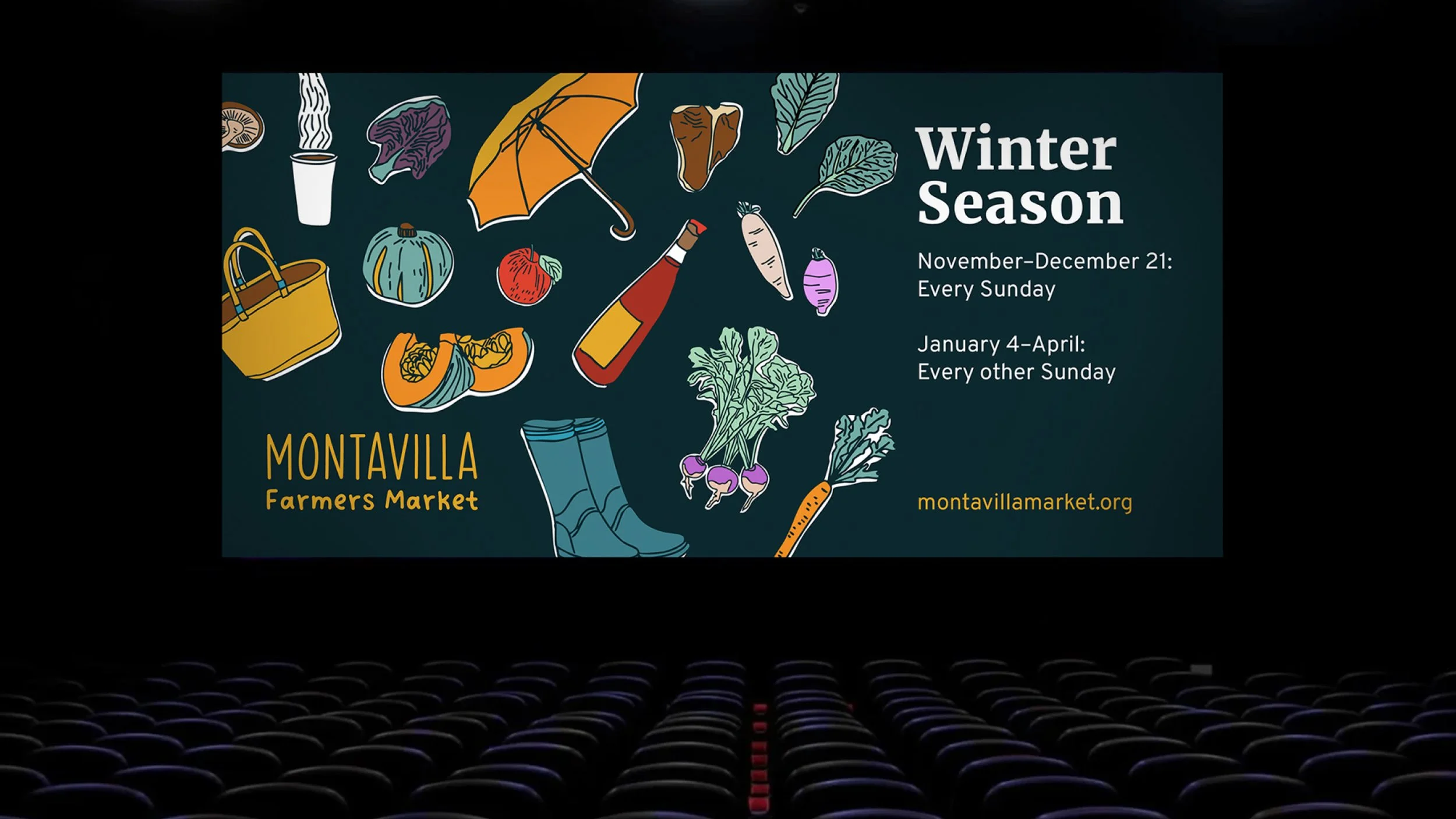 Flyer advertising Montaville Farmers Market's winter season, featuring illustrations of vegetables, a bag, boots, and other items, with dates and website information.