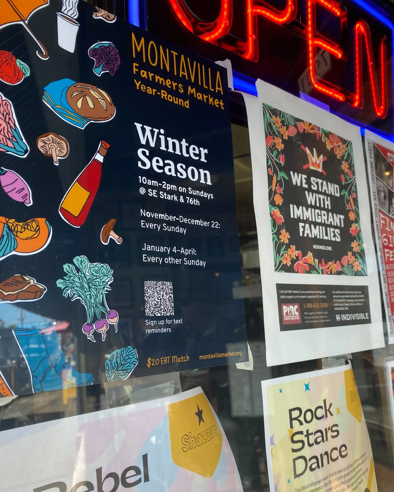 Information poster for Montavilla Farmers Market Winter Season, with illustrations of vegetables, condiments, and mushrooms, providing hours and schedule details, and a QR code for text reminders.
