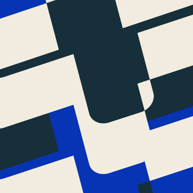 Abstract geometric pattern with black, white, and blue shapes intersecting and overlapping.