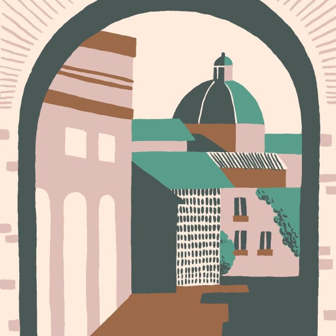 An abstract woodcut print of a cityscape viewed through an arched window, featuring various buildings with different architectural styles and a dome in the background.