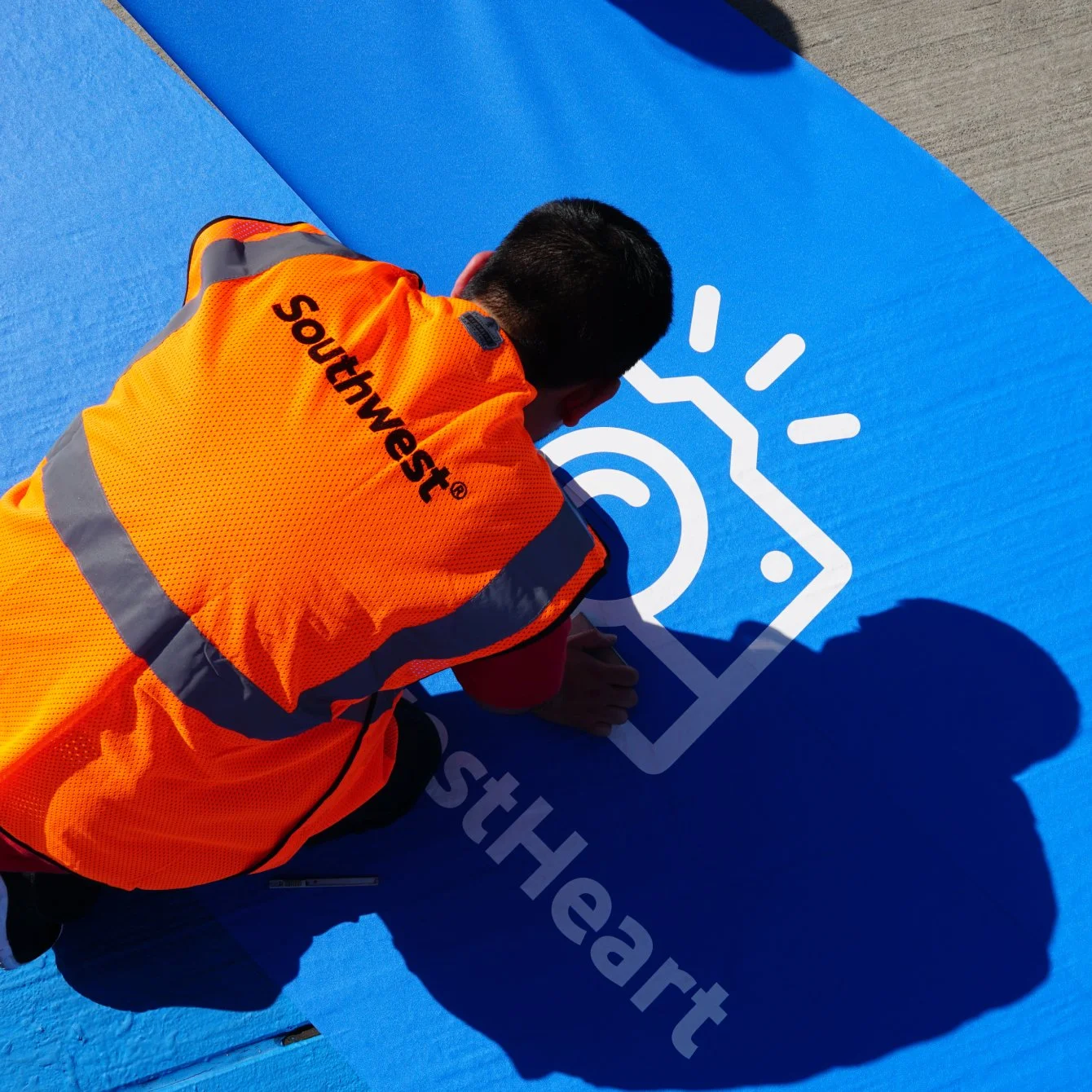 A person in an orange vest with 'Southwest' written on the back is kneeling on a blue surface, drawing or painting a white design of a stylized camera with a flash, below.