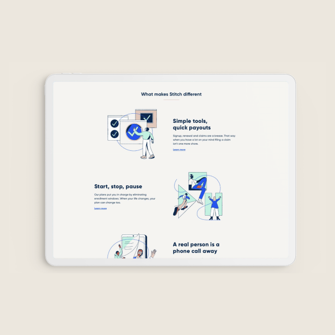 A tablet screen displaying a digital guide titled "What makes Stitch different" with three sections: "Simple tools, quick payouts" showing a person checking off boxes; "Start, stop, pause" depicting a person using a mobile device; and "A real person 