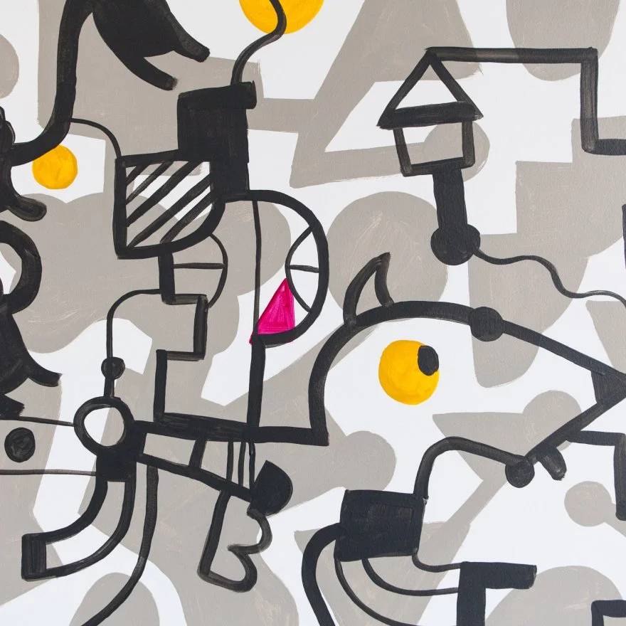 Abstract mural artwork with black lines, yellow circles, pink shapes, and gray background patterns.