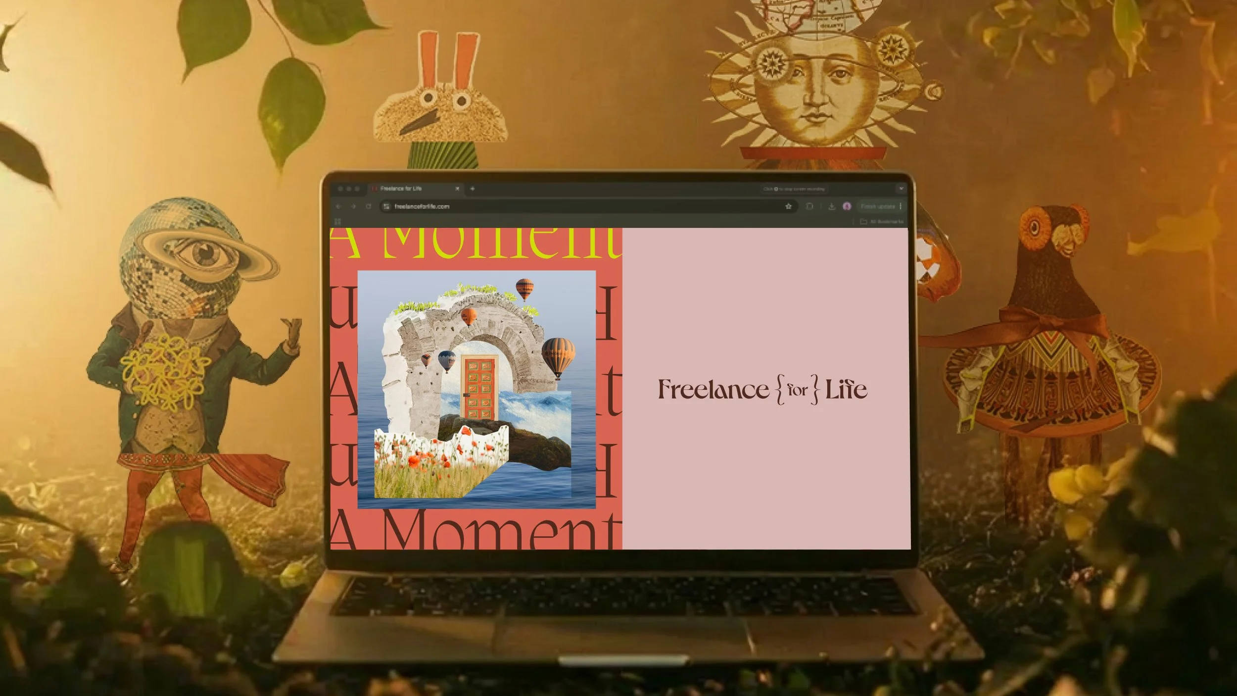 A laptop displaying a webpage titled "Freelance {for} Life" with a colorful collage of a stone arch, grass, flowers, and hot air balloons. The laptop is surrounded by whimsical, handcrafted paper character dolls with vibrant clothing, in a warmly lit, plant-filled setting.