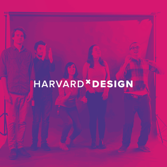 Group of five designers standing in front of a backdrop with Harvard Design logo, 4 people are gesturing and one is crouching.