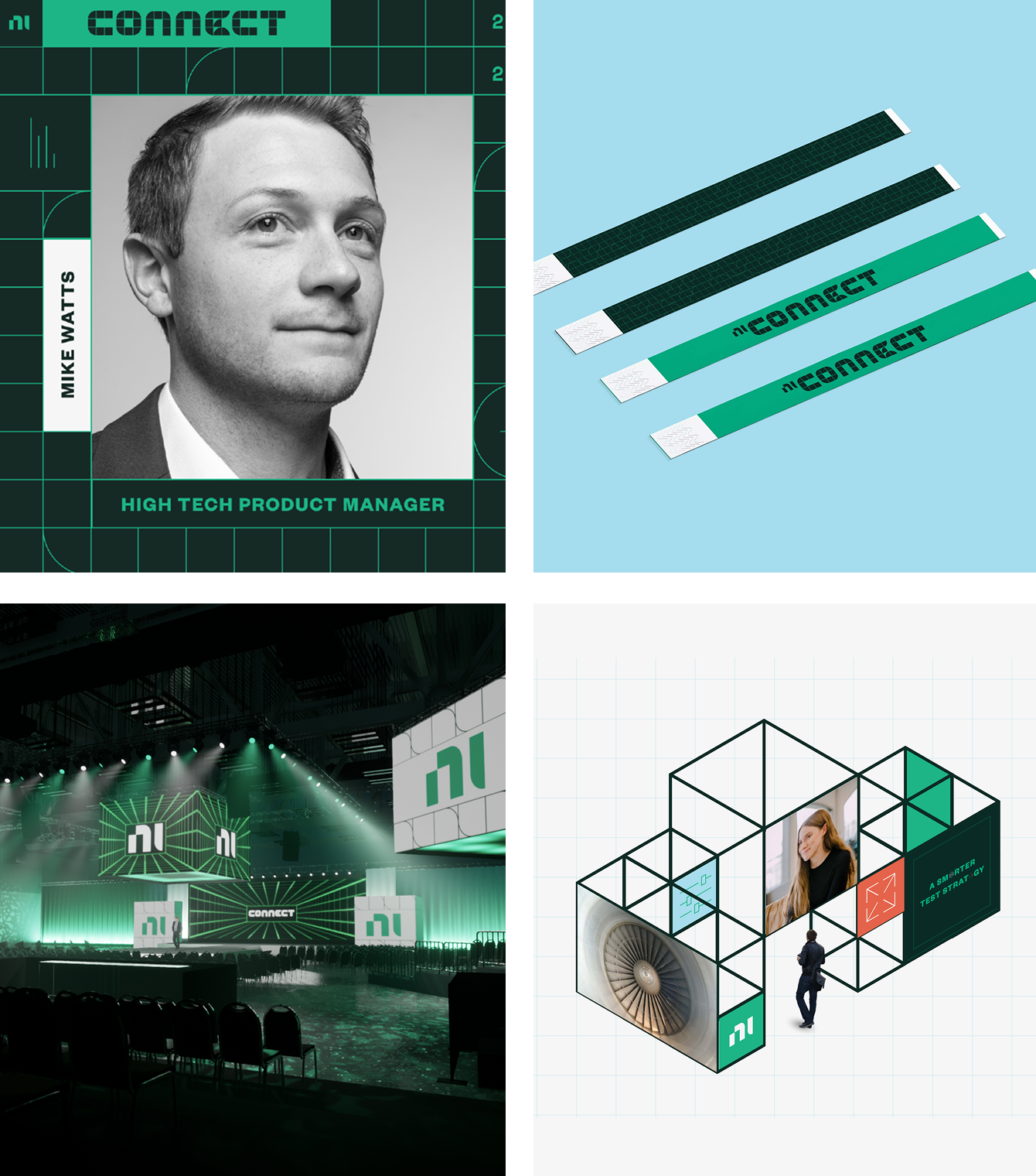 A collage of four images related to a technology conference. The top left shows a black-and-white portrait of a man labeled "Mike Watts," with the title "High Tech Product Manager." The top right features three straps or bands on a light blue background, with the word "Connect" on two of them. The bottom left depicts a large conference stage with bright green lighting, screens, and the word "Connect" on the screens. The bottom right displays a 3D grid structure with various images within the cubes, including a woman, a fan blade, and text that says "A Smarter Test Strategy."