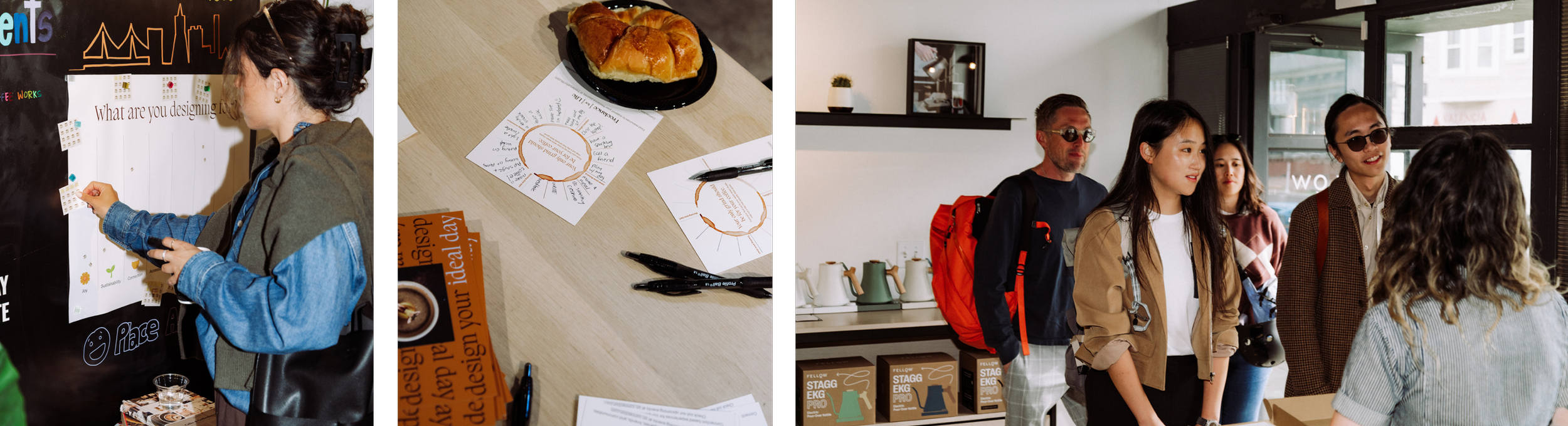 A woman placing sticky notes on a blackboard with a city skyline outline at a brainstorming or planning session. A table nearby has pens, paper with a circular diagram, and a croissant. A group of people, including a man with sunglasses and a woman with a camera, are engaging in conversation inside a modern office or cafe.
