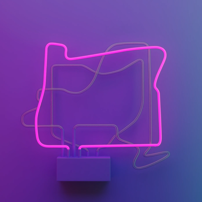 Digitally created pink neon light shaped like the outline of states, mounted on a purple wall.