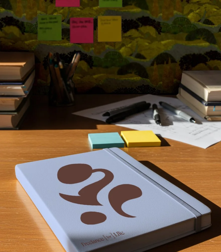 A wooden desk with a white notebook featuring a large brown question mark and the text 'Freelance for a line.' There are two sticky notes, and several pens and markers on the desk. Books and a pencil holder are also present, with a colorful, patterned bulletin board in the background.