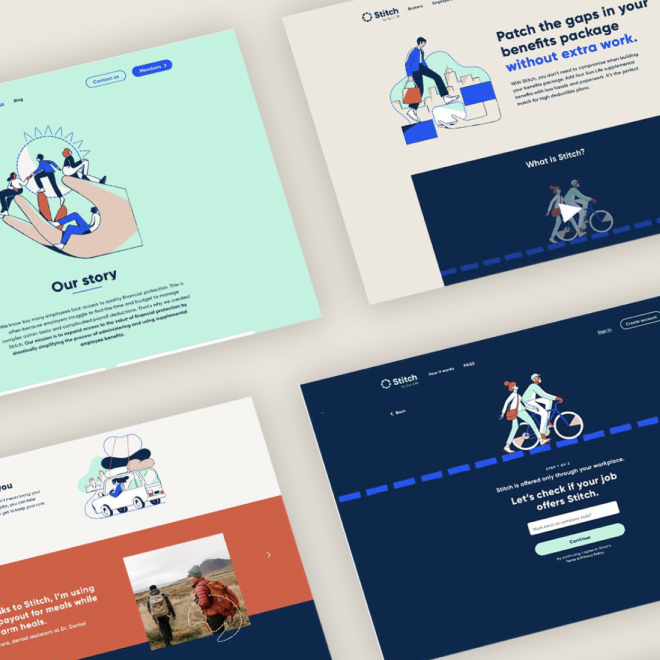 Four webpage mockups displaying illustrations and text for a company called Stitch, which offers job matching services. The pages include illustrations of people riding bikes, walking, and engaging in activities, with headlines about closing gaps in 