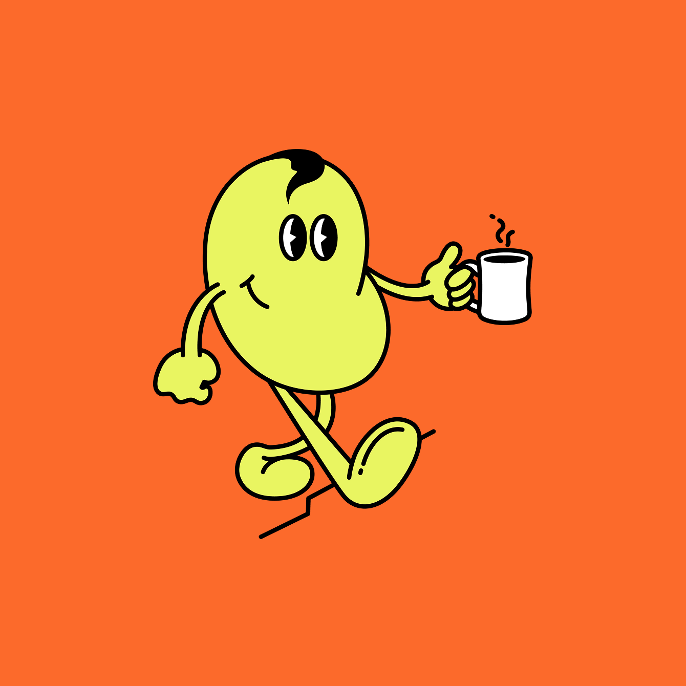 A coffee bean-shaped cartoon character with a green, oval-shaped body, black hair, and black-and-white eyes walking while holding a steaming mug of coffee with one hand.