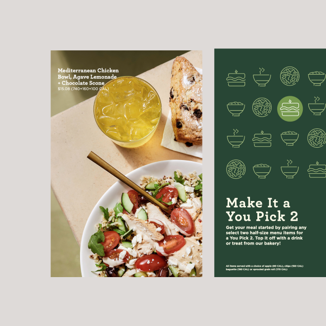 Menu options including Mediterranean chicken bowl, agave lemonade, and a chocolate scone with a salad and a beverage on a beige table, with a list of menu icons and text encouraging customers to make their meal by choosing two items.