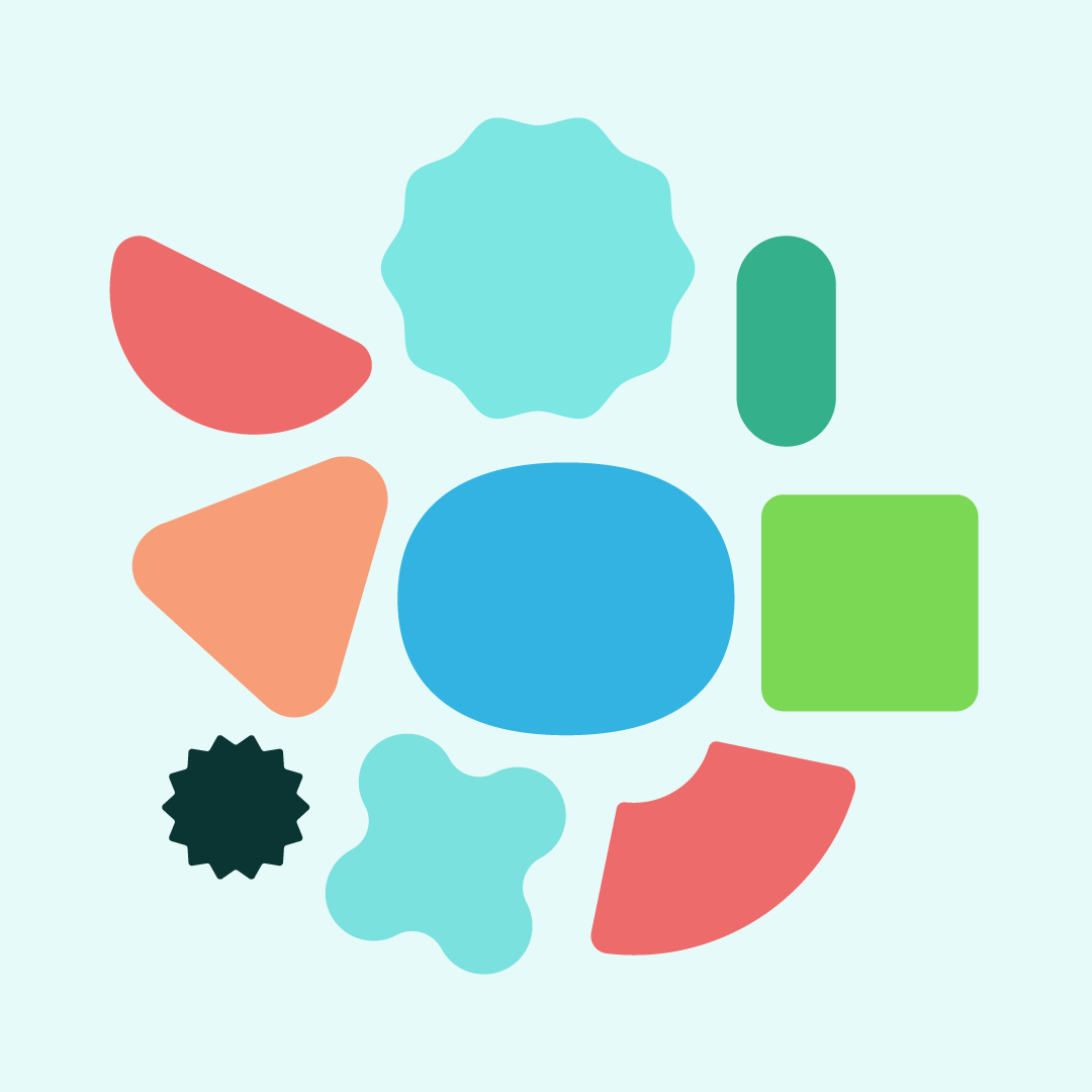 Colorful abstract shapes including circles, squares, triangles, and irregular forms on a light blue background.
